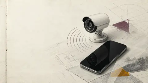 Illustration af overvågningskamera og smartphone med trådløs forbindelse