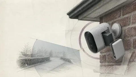 Illustration af batteridrevet udendørskamera med åben batteripakke i regnvejr