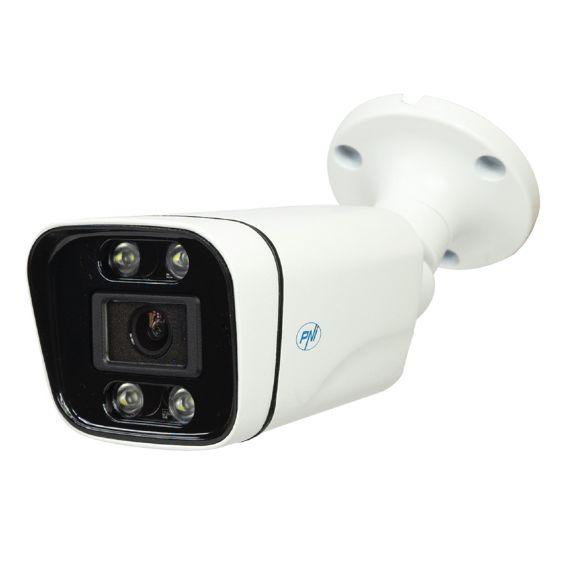 Hvidt PNI IP8POE 4K PoE-bulletkamera med sort front og vægbeslag