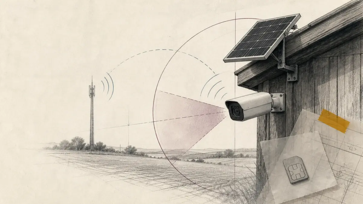 Illustration af 4G-overvågningskamera med solpanel, SIM-kort og mobilmast