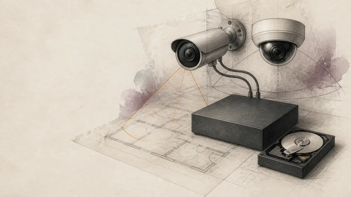 Illustration af to overvågningskameraer koblet til lokal optager og harddisk