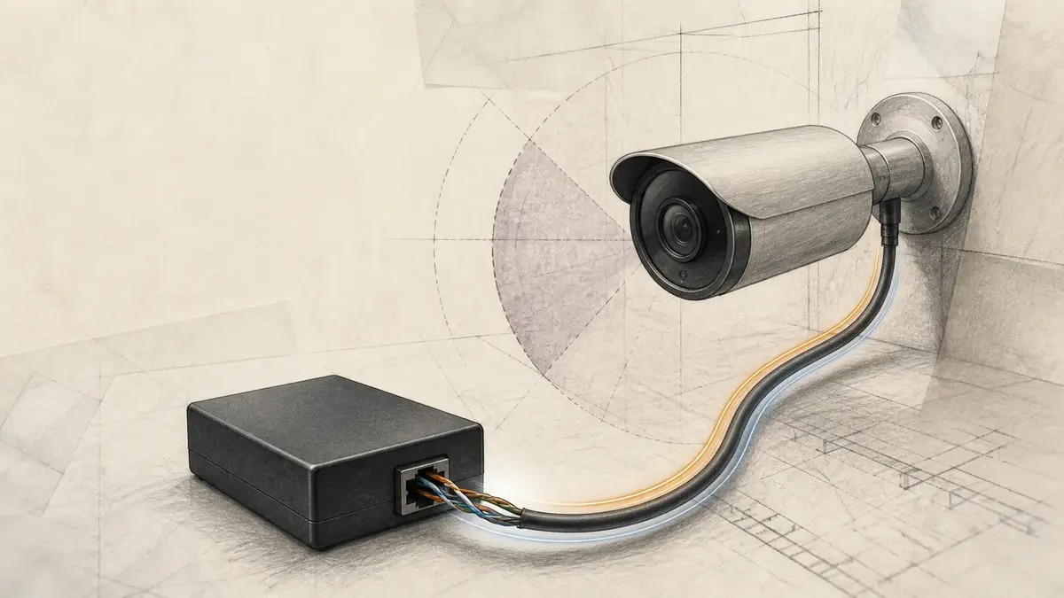 Illustration af PoE-kamera forbundet til injector med ét Ethernet-kabel