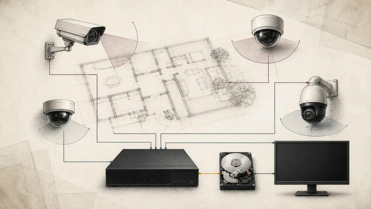 Systemillustration af fire kameraer, optager, harddisk og blank skærm omkring en plantegning
